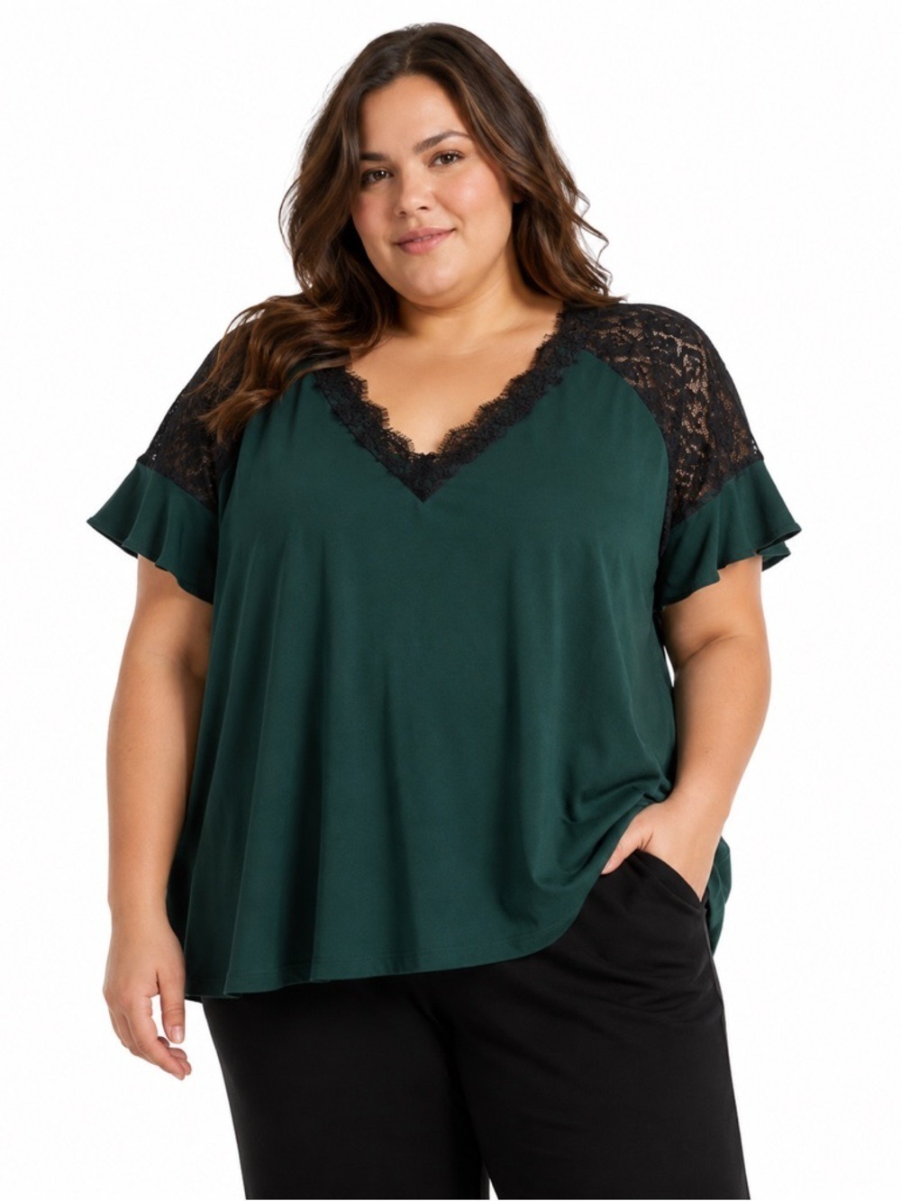 SHEIN Green Black Lace Trimmed Short Sleeve Formal Party Occasion Blouse…